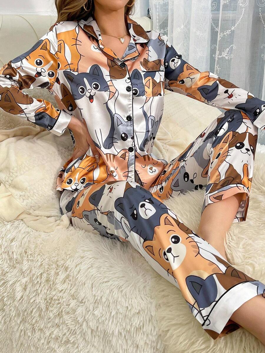 Cartoon Graphic Contrast Piping Satin PJ Set / Pajama Set - Multicolor - View 1