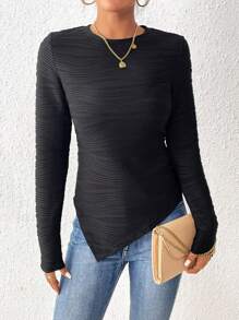 SHEIN LUNE Solid Asymmetrical Hem Tee - Black - View 4