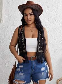 SHEIN VCAY 大尺寸幾何印花流蘇下擺背心夾克 - 黑色 - 查看 1