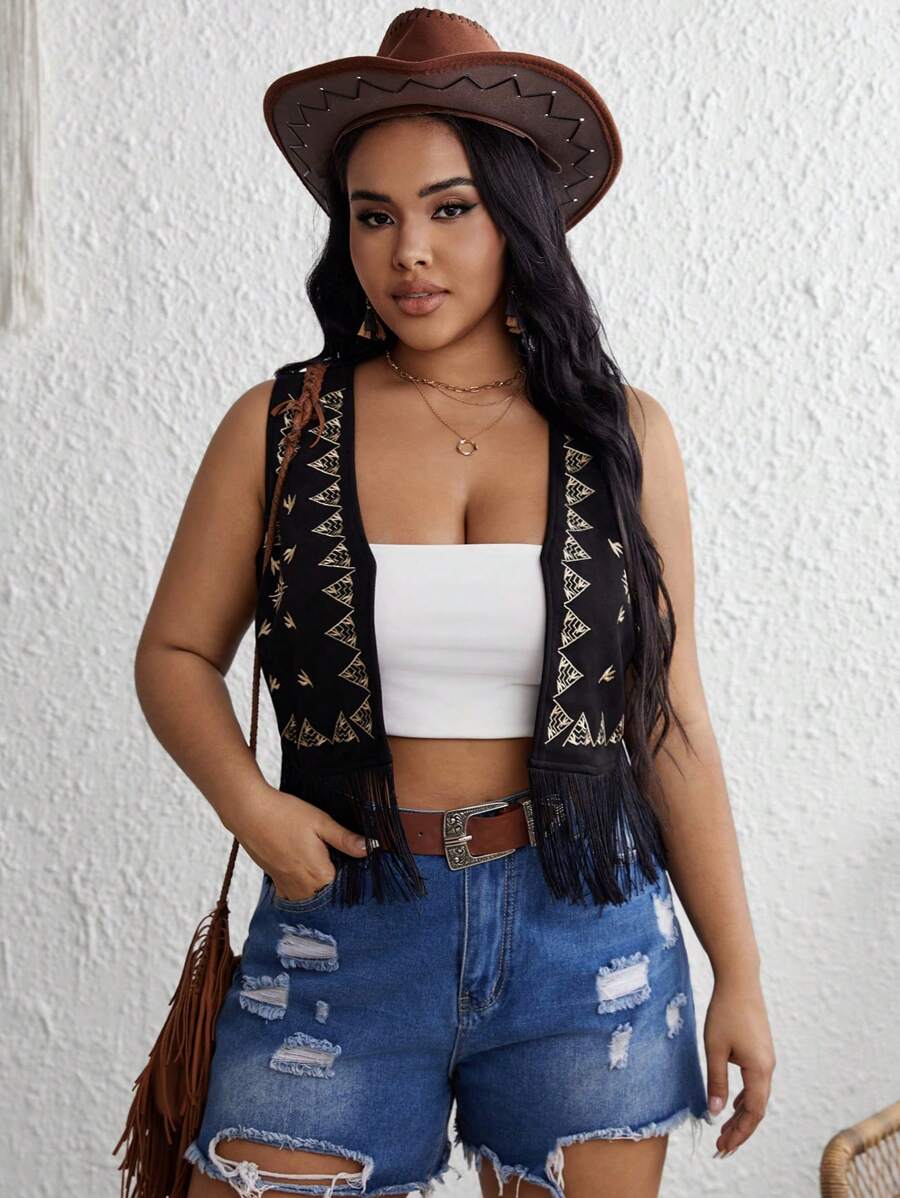 SHEIN VCAY 大尺寸幾何印花流蘇下擺背心夾克 - 黑色 - 查看 1