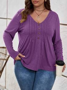 SHEIN LUNE Plus Size Women's Solid Color Button Design V-Neck Long Sleeve Casual T-Shirt - Purple - View 3