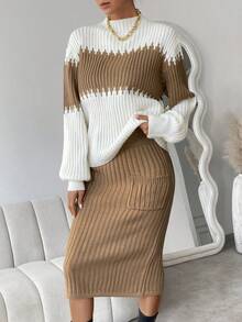 SHEIN Privé Two Tone Mock Neck Sweater & Knit Skirt - Khaki - View 5