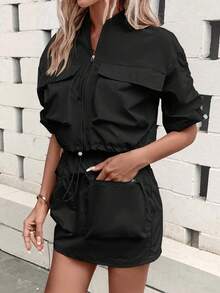 SHEIN LUNE Flap Pocket Zipper Front Jacket & Skirt - Black - View 5