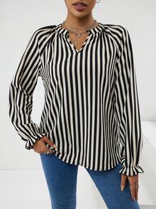 INAWLY Striped Print Flounce Sleeve Blouse - Multicolor - View 4