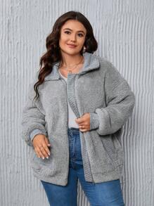 SHEIN LUNE Plus Drop Shoulder Zip Up Teddy Coat - Grey - View 2