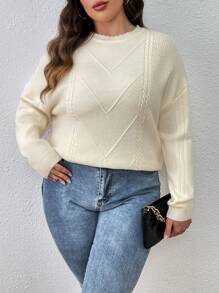 SHEIN LUNE 大碼麻花編織落肩袖套頭毛衣 - 米色 - 查看 1