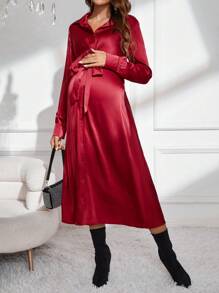 SHEIN Maternity Solid Knot Front Satin Shirt Dress - Burgundy - View 3
