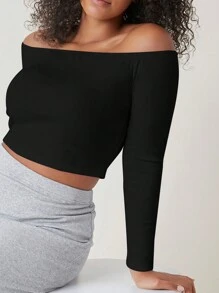 SHEIN BASICS Plus Solid Off Shoulder Crop Tee - Black - View 5