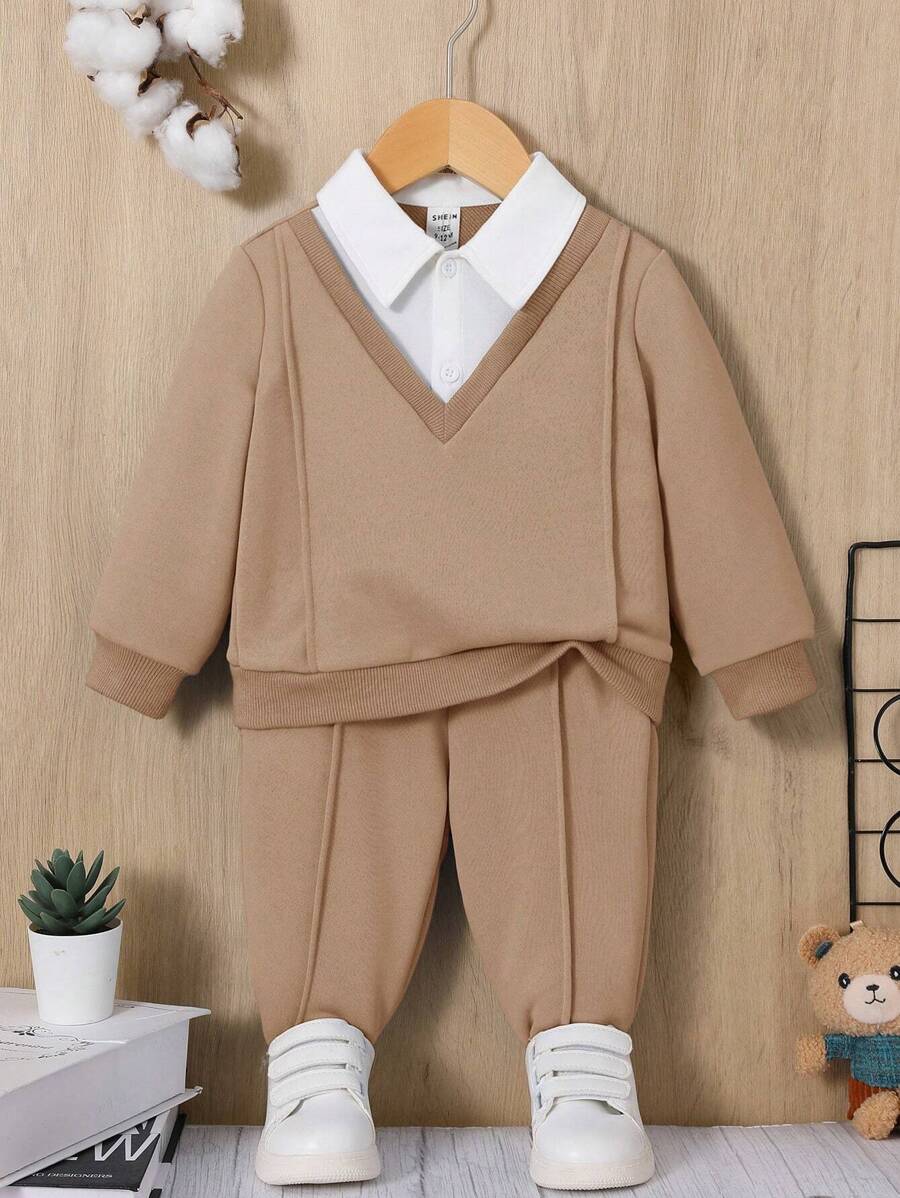 SHEIN 2 件套舒适男童休闲二合一运动衫和裤子套装 - 卡其色 - 查看 1