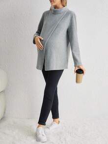 SHEIN Maternity Solid Wrap Detail Nursing Tee - Light Grey - View 3