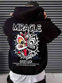 Manfinity Hypemode Men Plus Slogan & Cartoon Graphic Drawstring Hoodie - Black - View 1