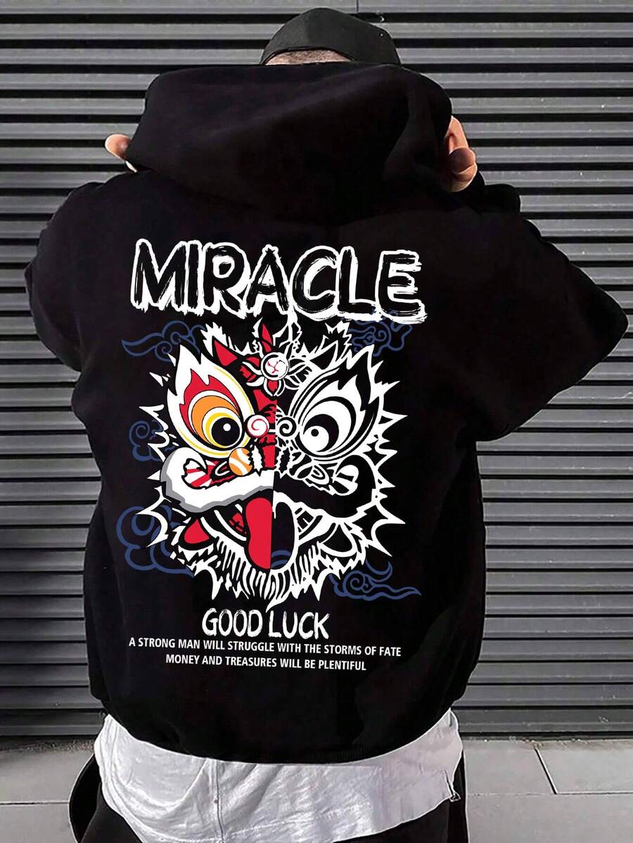 Manfinity Hypemode Men Plus Slogan & Cartoon Graphic Drawstring Hoodie - Black - View 1