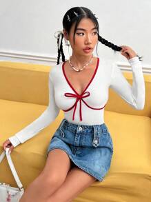 SHEIN MOD 撞色滾邊前打結T恤 - 白色 - 查看 1