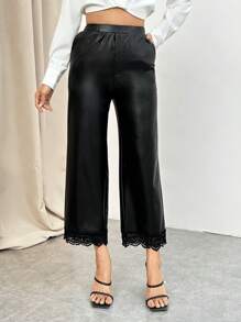 SHEIN Privé Contrast Lace Hem PU Leather Pants