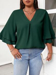 Celure Blusa de cuello en V con mangas acampanadas en talla grande
