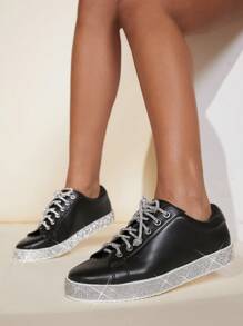 SHUZIA Faux Leather Lace-Up Platform Sneakers Trainers - Black - View 3