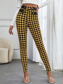 SHEIN Privé Pantalones ajustados con estampado de pata de gallo - Amarillo - Ver 4