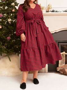 EMERY ROSE 大碼格子圖案燈籠袖荷葉邊繫腰帶洋裝 - 彩色 - 查看 3