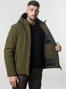 Men Zip Up Hooded Padded Coat - Army Green - View 8