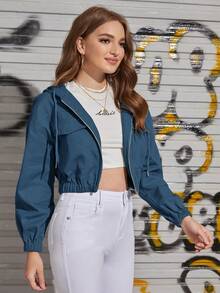 SHEIN Coolane Túi có nắp Thả vai Dây rút áo có mũ Áo Jacket Crop - Màu xanh bụi bặm - Xem 3