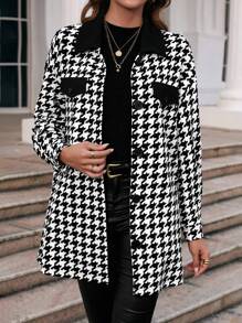 SHEIN Clasi Houndstooth Print Drop Shoulder Flap Detail Coat - Black and White - View 1