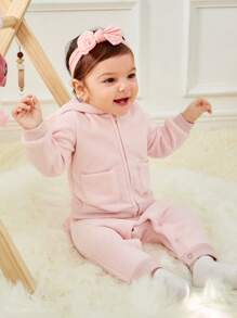 SHEIN Baby Girl 3D Ear Design Hooded Jacket & Pants - Pink - View 5