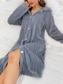 Button Through Flannel Lounge Robe, For Fall Winter - Dusty Blue - View 1