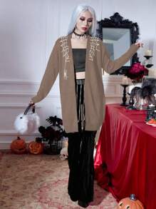PUNK Spider Web Pattern Cardigan Fall Cloth For Women - Khaki - View 5