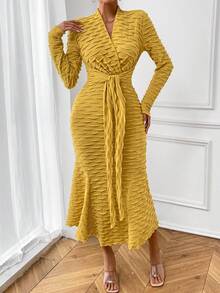 SHEIN Privé Solid Tie Front Mermaid Hem Dress - Yellow - View 6