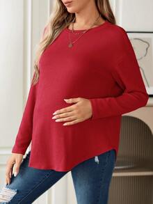 SHEIN 孕婦落肩袖弧形下擺T恤 - 酒紅色 - 查看 3