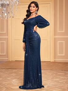 Off Shoulder Lantern Sleeve Draped Side Sequin Dress Elegant Long Sleeve Formal Evening Prom Wedding Guest Gown, For Graduation, Dinner - Blue - View 6