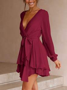 素色多層下擺圍裹繫腰帶洋裝 - 酒紅色 - 查看 5