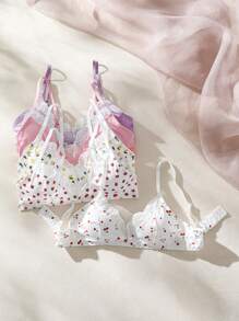 SHEIN 5pcs Fruits Print Lace Trim Bralette, Kawaii - Multicolor - View 4