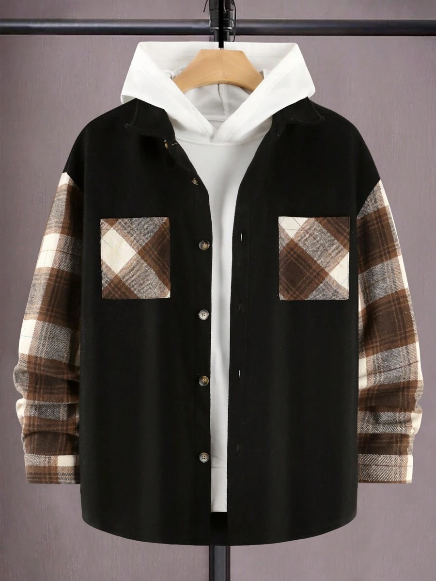 Manfinity Homme Men Contrast Plaid Print Drop Shoulder Overcoat Without Hoodie - Black - View 1