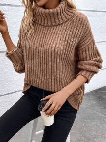 SHEIN LUNE Áo cao cổ Thả vai Đồ đan Ribbed Áo len - Cà phê nâu - Xem 4