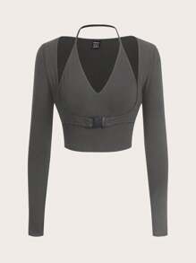 SHEIN EZwear 素色繞頸帶扣細節短款T恤 - 深灰色 - 查看 1