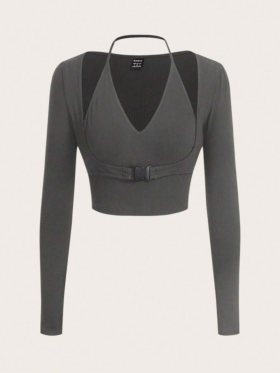 SHEIN EZwear 素色繞頸帶扣細節短款T恤 - 深灰色 - 查看 1