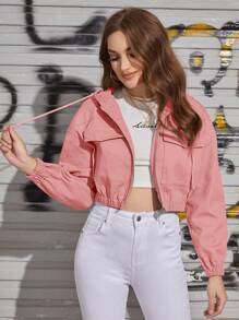 SHEIN Coolane Flap Pocket Drawstring Hooded Crop Jacket - Pink - View 1
