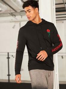 GENTILAND Nam Đồ họa hoa & chữ Dây rút Hoodie - màu đen - Xem 5