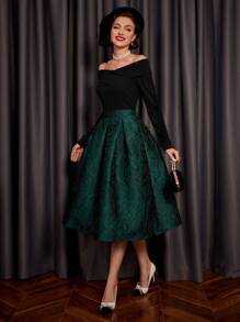 Vintamour Vintage Elegant Jacquard Fold Pleated Detail Skirt Club Women Outfits Concert Long Skirt Vintage Clothes Saint Patrick Day Clover Shamrock Partytime Jacquard Skirt - Green - View 2