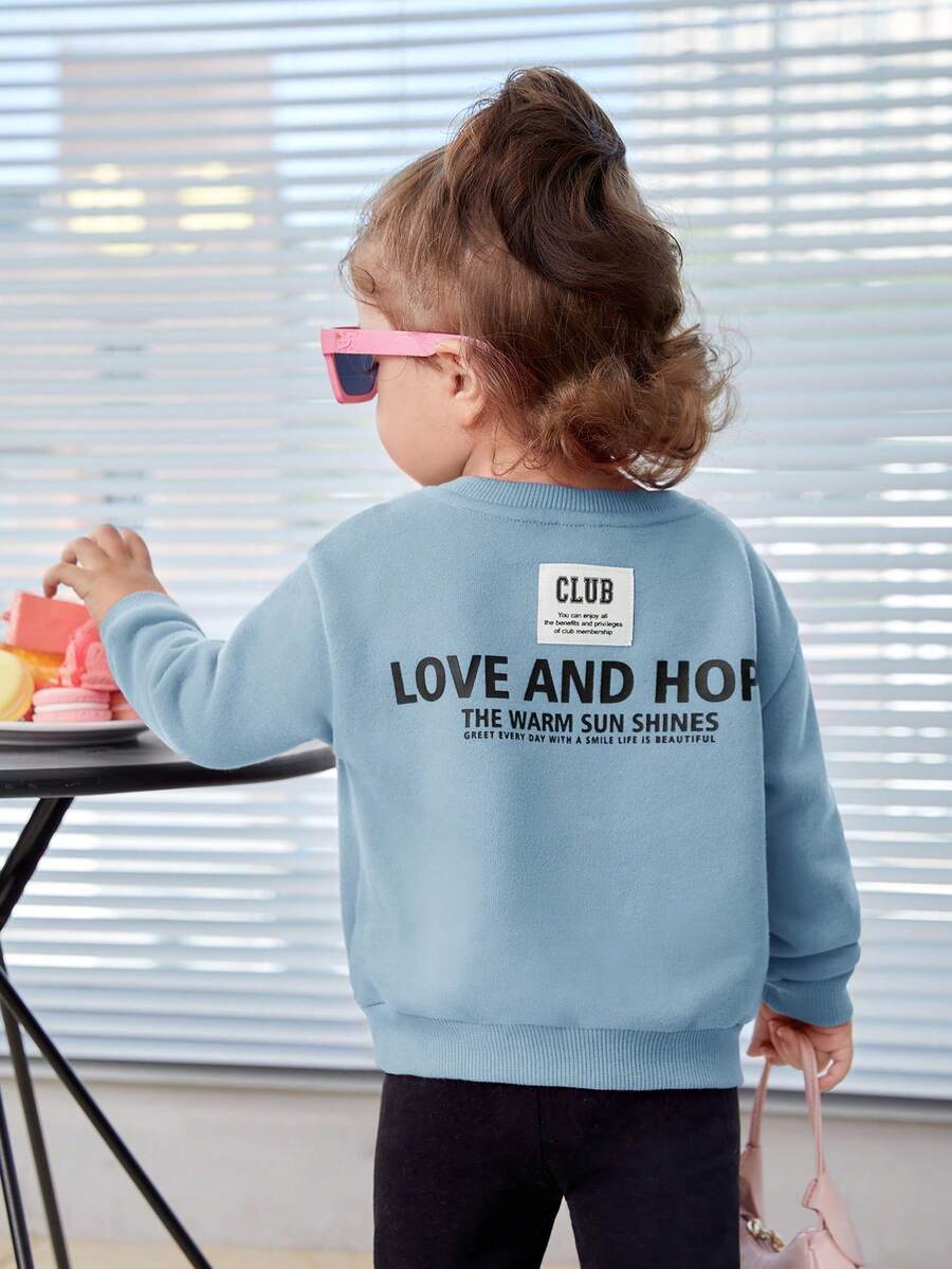 SHEIN 女嬰字母補丁細節標語圖案運動衫 - 藍色 - 查看 1