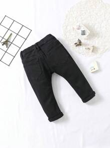Baby Boy Solid Slant Pocket Button Detail Jeans - Black - View 2