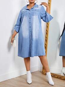 SHEIN SXY Plus Roll Up Sleeve Flap Pocket Button Front Denim Dress - Light Wash - View 3