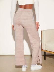 SHEIN BASICS Split Hem Straight Leg Sweater Pants - Khaki - View 2