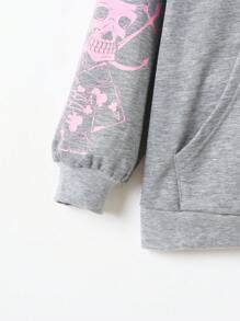 SHEIN EZwear Áo nỉ cỡ lớn in hình đầu lâu, có khóa kéo và dây rút. - Màu Xám nhạt - Xem 4