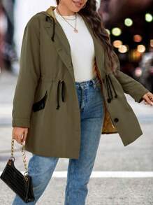 Calvaya 加大抽绳腰部落肩连帽派克大衣棉服外套冬季