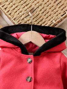 Baby Girl Contrast Trim Bow Front Dual Pocket Hooded Overcoat - Hot Pink - View 3