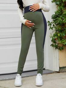 SHEIN 孕婦可調節腰圍拼接側邊接縫緊身打底褲 - 軍綠色 - 查看 4