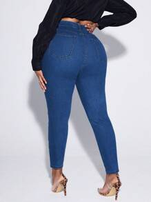 SHEIN SXY Talla grande Jeans ajustados desgarro de talle alto - Azul lavado medio - Ver 2
