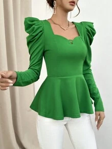 SHEIN Privé Cổ Trái tim Tay áo Xoay eo Áo thun - Màu xanh lam - Xem 5